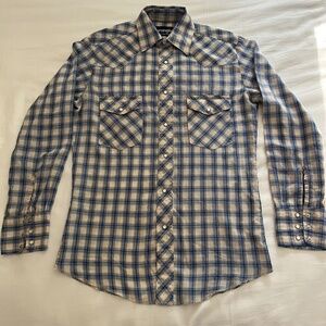 Wrangler blue plaid western pearl snap shirt men’s small